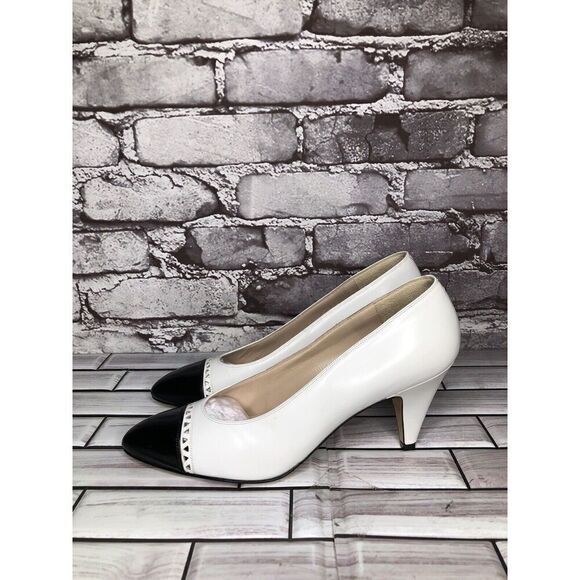 VTG David Evins White Leather Black Cap Toe Dress Heels Women’s Sz 7AA US/37.5EU - Picture 9 of 16